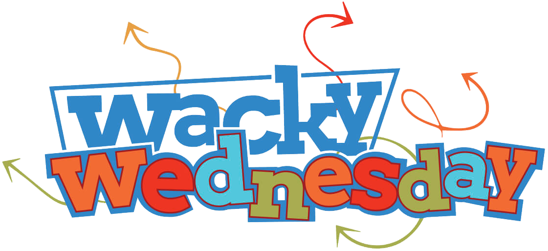 瘋狂星期三圖案 壁紙 — 有趣多彩的「Wacky Wednesday」文字標誌，帶有黑色背景上鮮豔色調的旋轉箭頭。