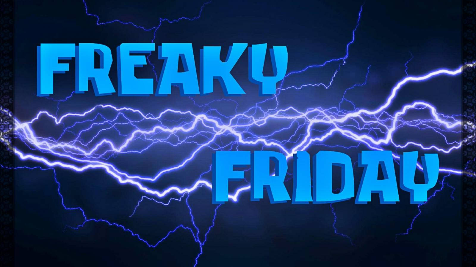 《瘋狂星期五》閃電標題卡 壁紙 — 粗體藍色文字 'FREAKY FRIDAY' 在黑暗暴風雨背景下閃爍著生動的電光。
