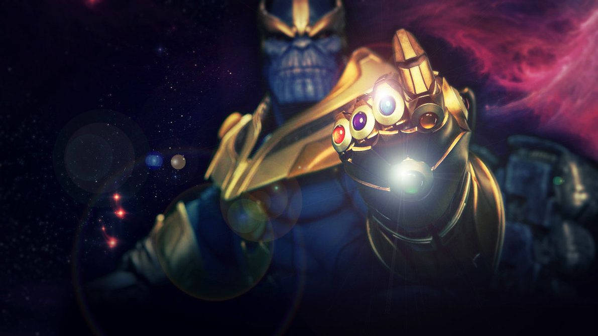 Thanos 在太空中手持發光的無限手套