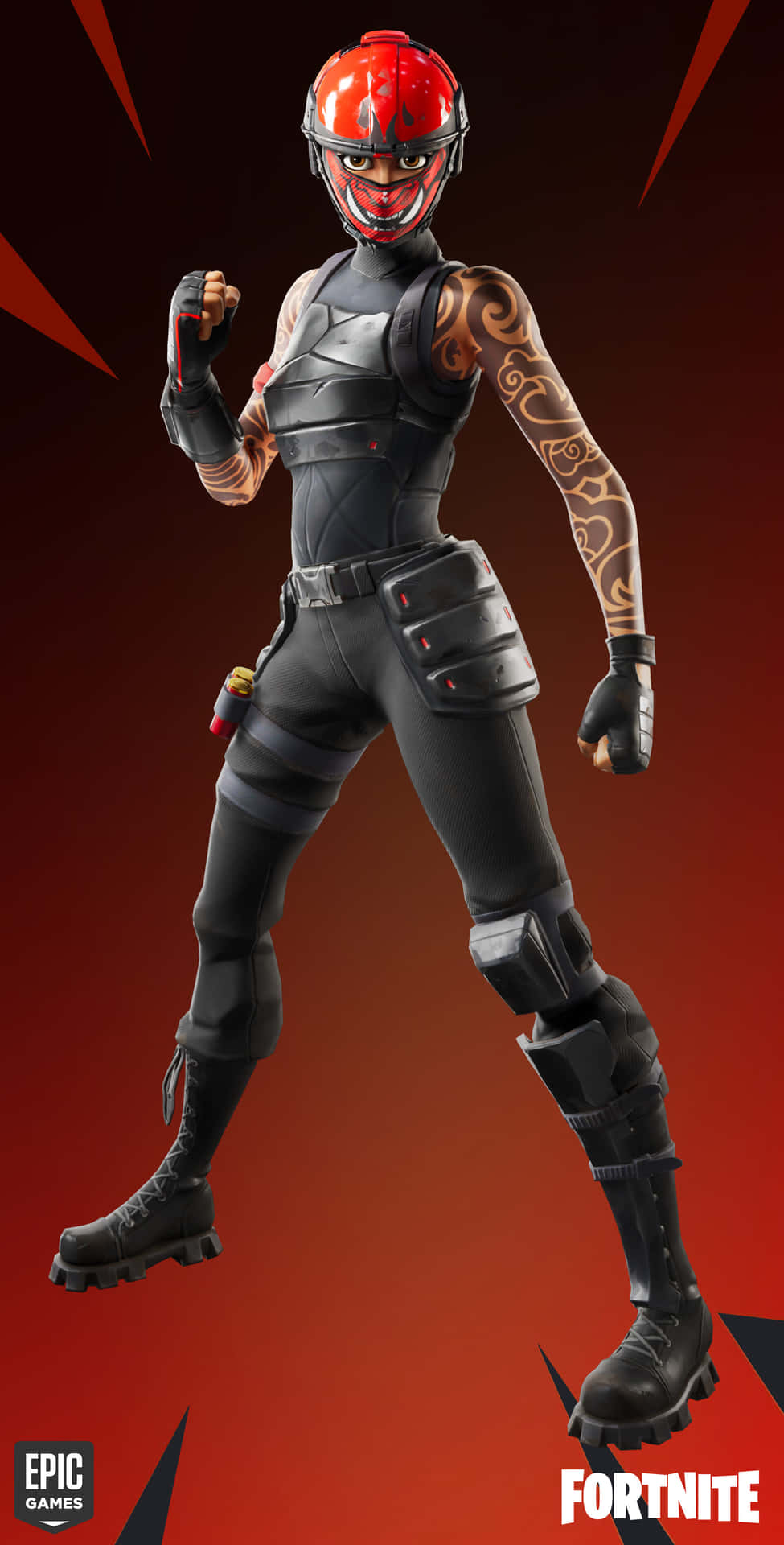 穿著黑色裝備和紅色頭盔的Fortnite角色動態地擺姿勢。