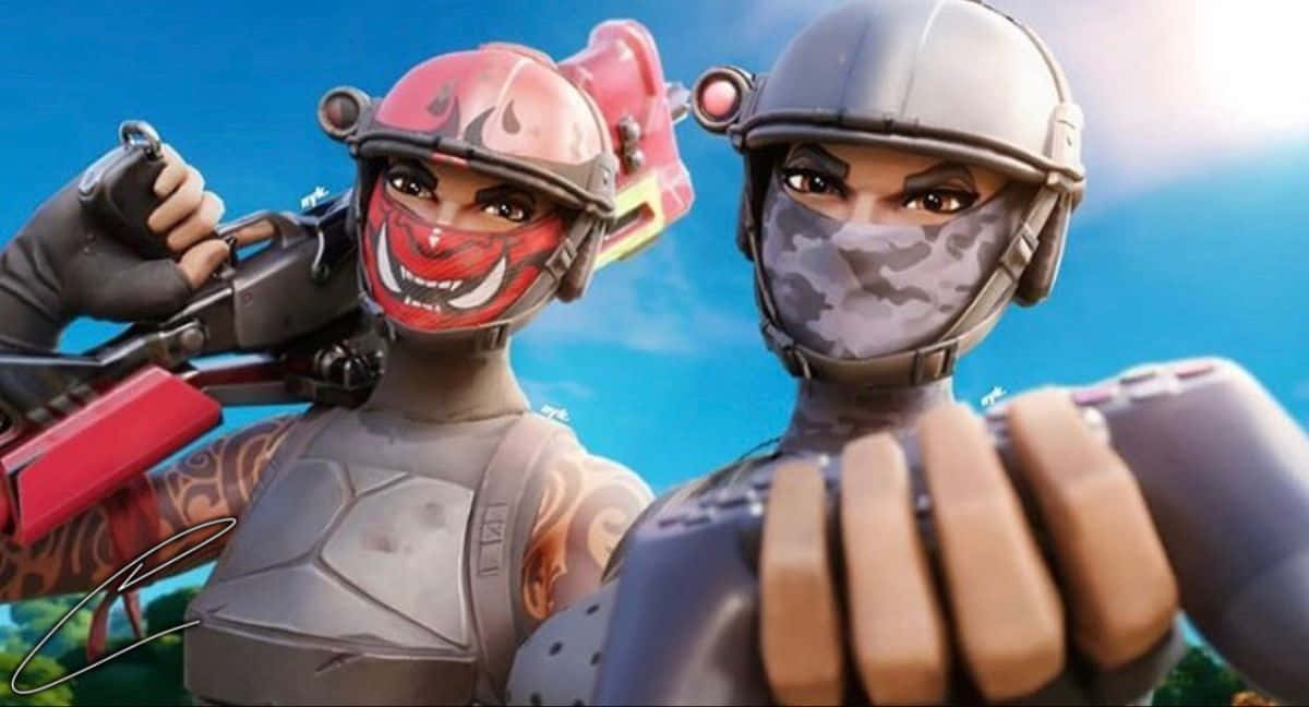 兩個身穿戰鬥裝備的 Fortnite 角色手持武器擺姿勢。