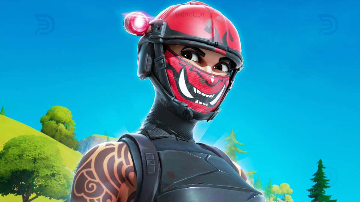 戴著紅色頭盔和面具的Fortnite角色在綠色戶外環境中。