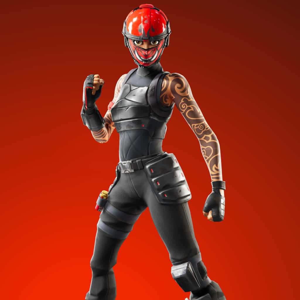 身穿黑色盔甲和紅色頭盔的Fortnite角色自信擺姿勢。