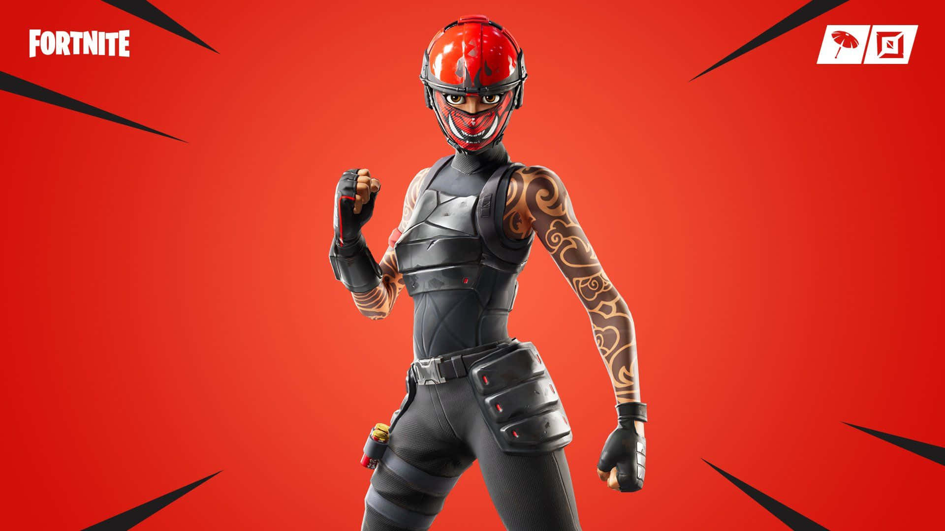 身穿黑色裝備、戴紅色頭盔、有金色紋身的Fortnite角色動態擺姿勢。