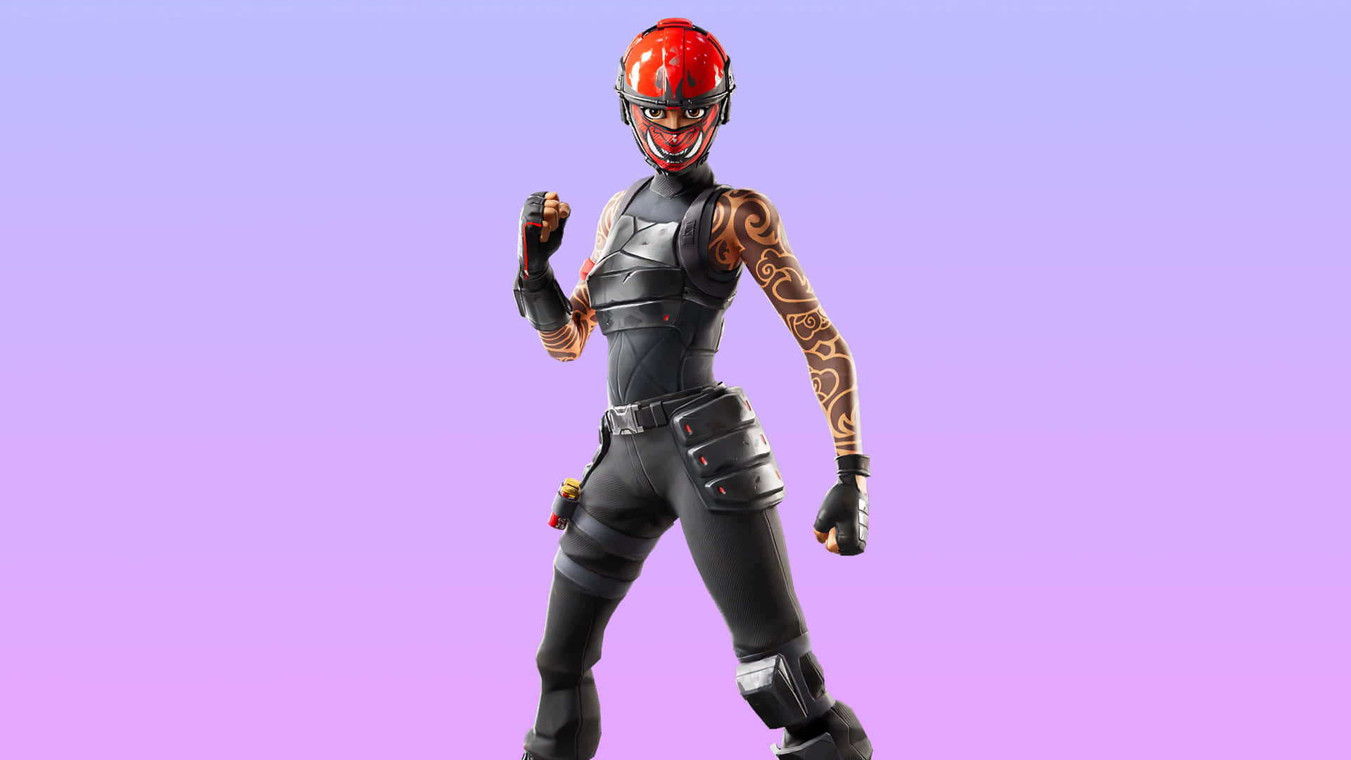 穿著黑色裝備和紅色頭盔的 Fortnite 角色在紫色漸變前擺姿勢。