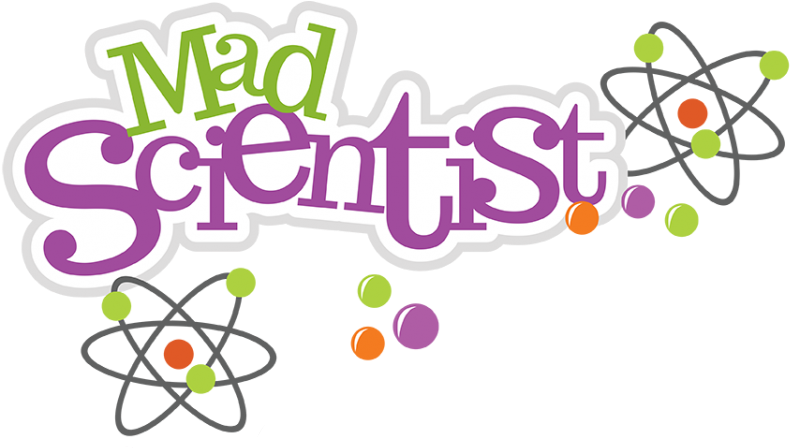 瘋狂科學家標誌 壁紙 — 大膽色彩繽紛的「Mad Scientist」標誌，帶有俏皮字體和浮動原子符號，背景為黑色。