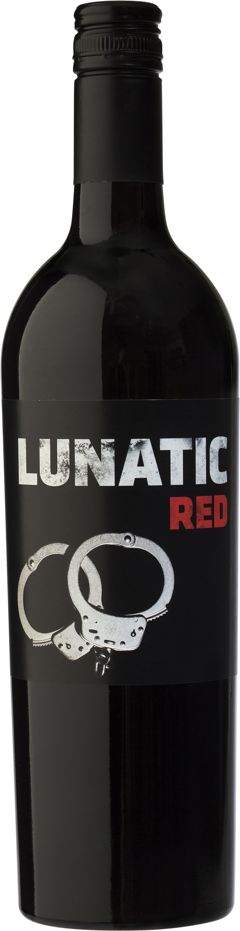 瘋狂紅酒瓶 壁紙 — 一個時尚的黑色酒瓶，標有 'LUNATIC RED'，在深色背景上帶有手銬圖案。