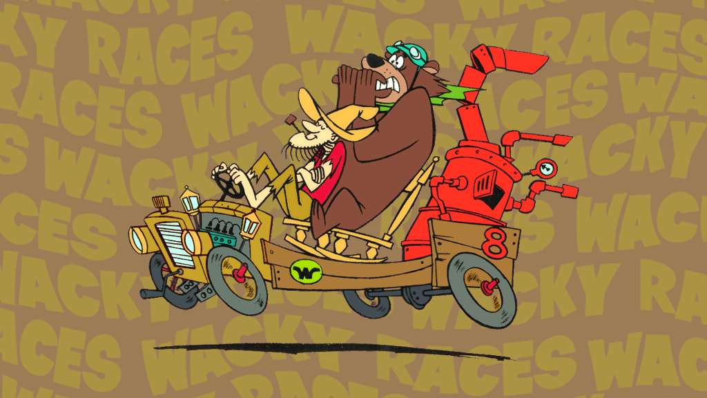 兩個卡通角色在一輛奇特車輛中比賽，身後有「Wacky Races」文字。