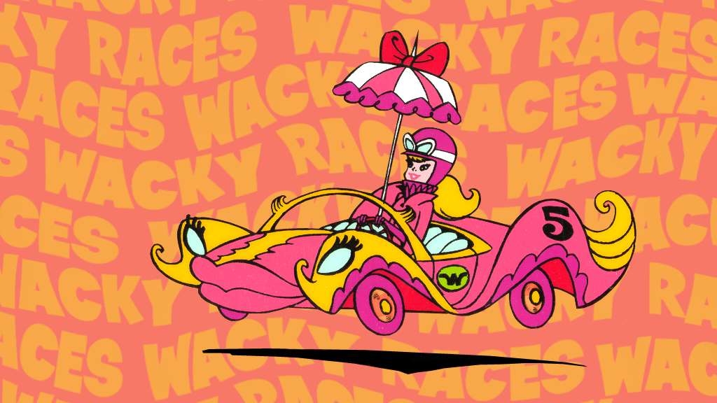 粉紅色卡通賽車手駕駛著奇特的汽車，帶有遮陽傘，在重複的 wacky races 背景上。