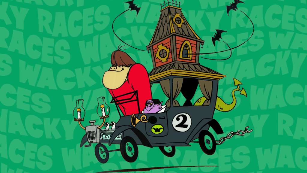 卡通賽車頂部有鬼屋，背景係綠色 Wacky Races。