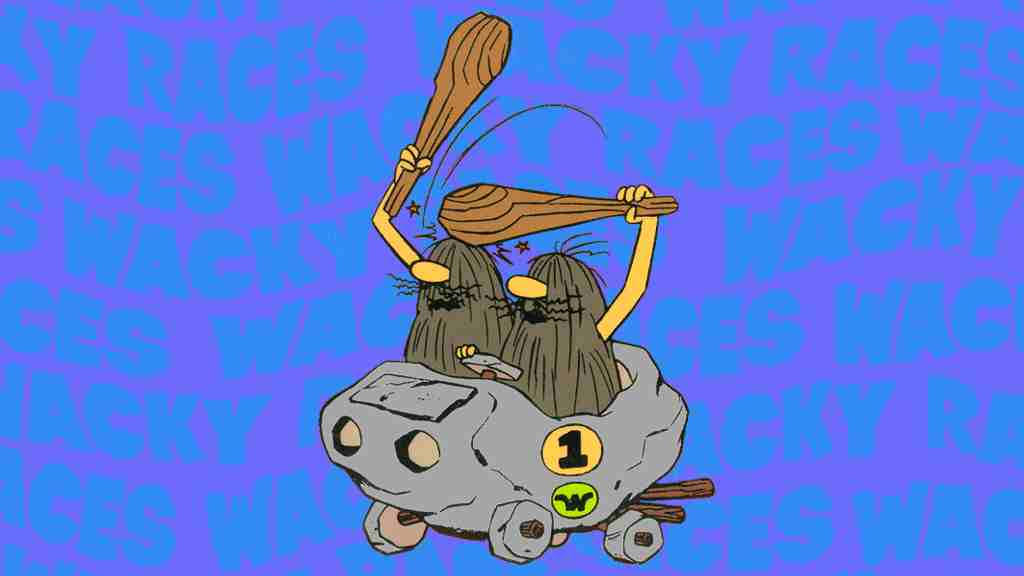 兩隻浣熊喺一架石頭車入面，揸住木棍，背景係『Wacky Races』文字。