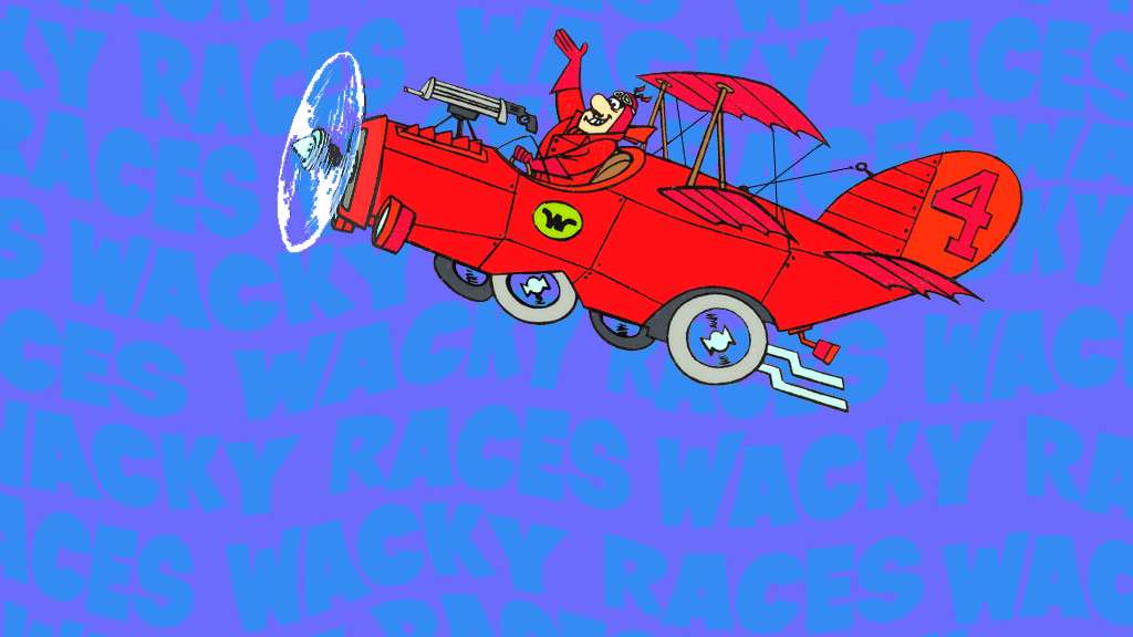 一個卡通角色在帶輪子的紅色雙翼飛機中，飛越藍色「Wacky Races」文字背景。