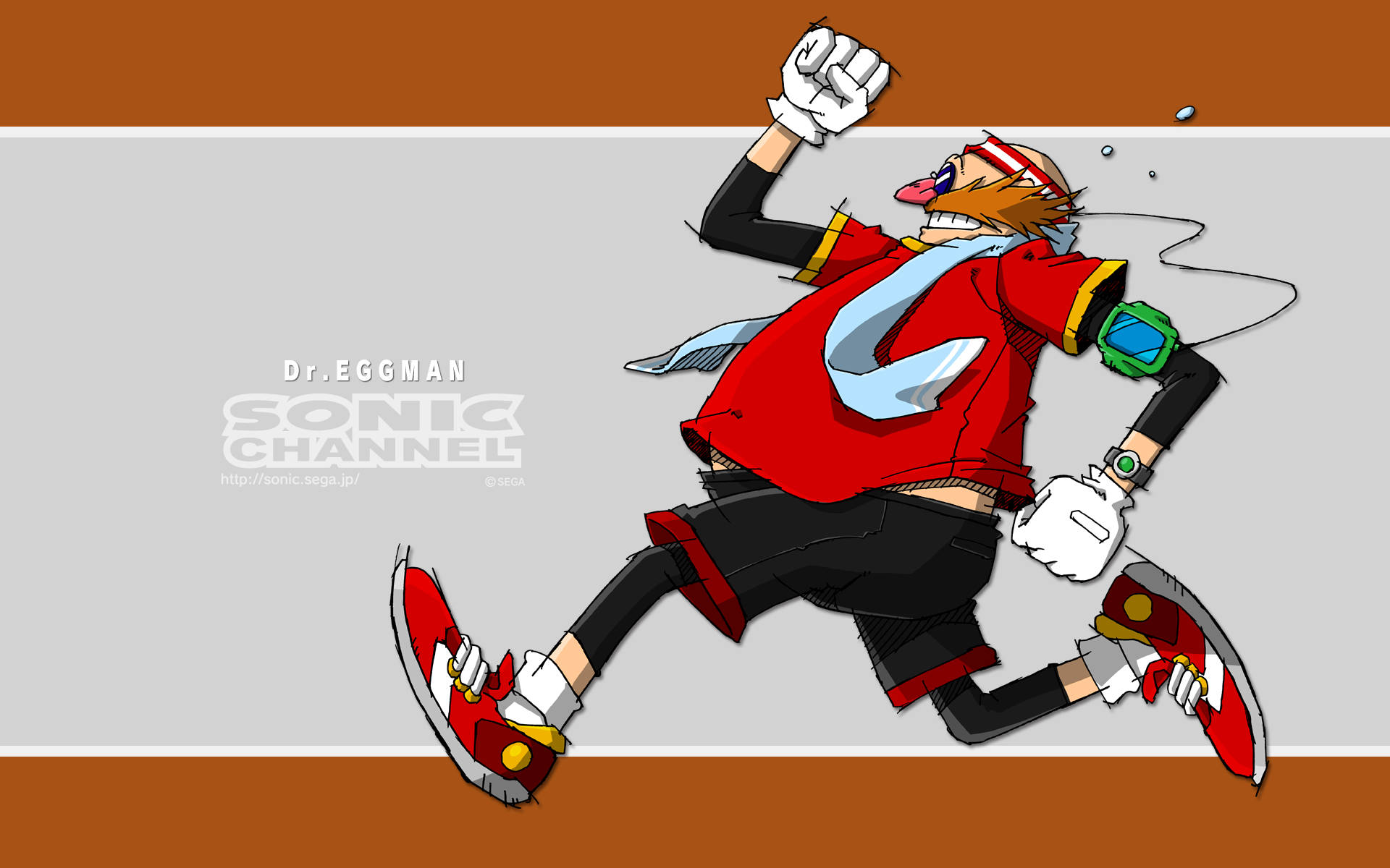Dr Eggman 穿著紅色外套和黑色褲子在條紋背景上奔跑。