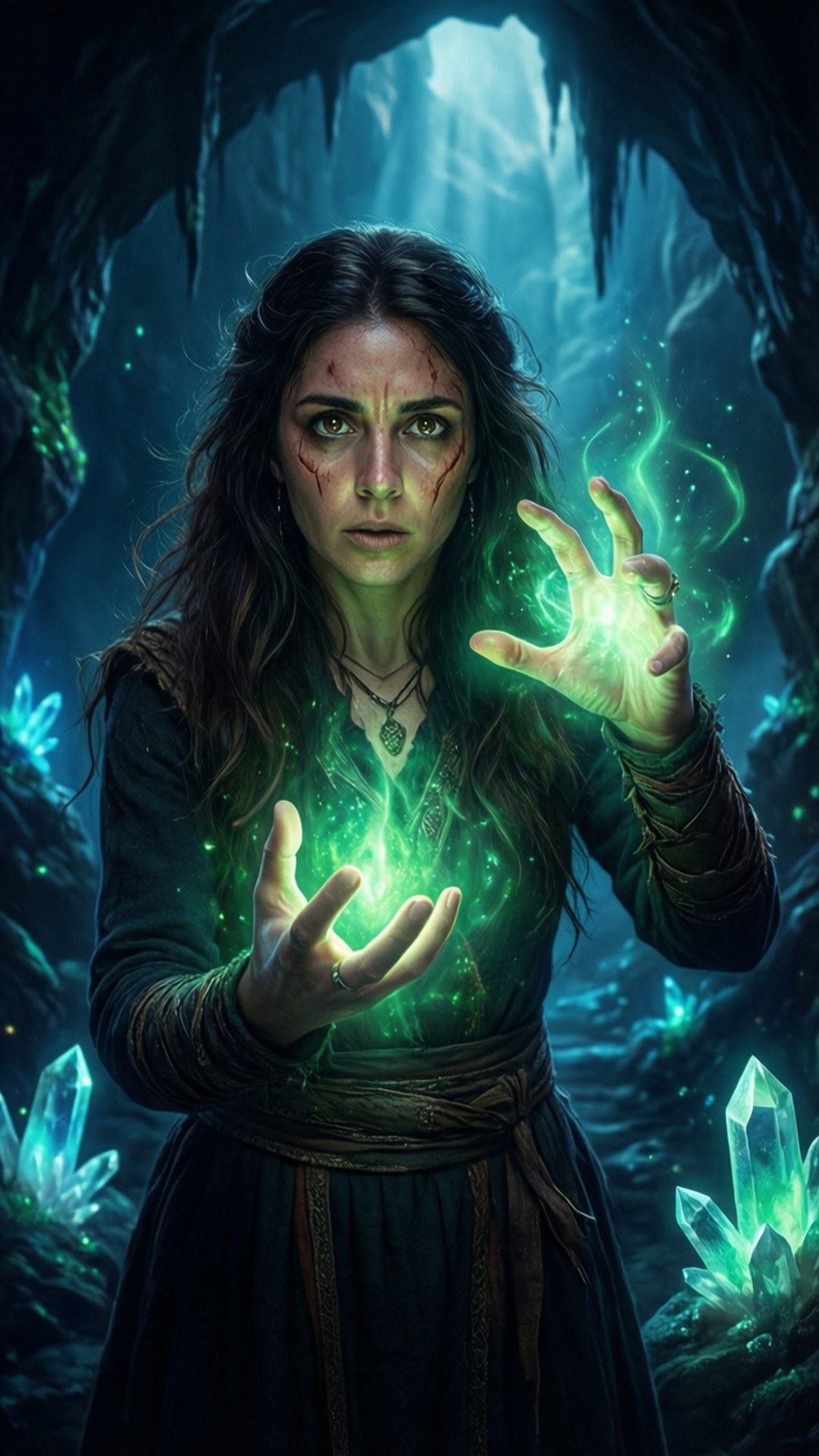療癒之光 壁紙 — 一位神秘女子手中閃爍著綠色魔法，站在一個由發光水晶和空靈光芒照亮的黑暗洞穴中。
