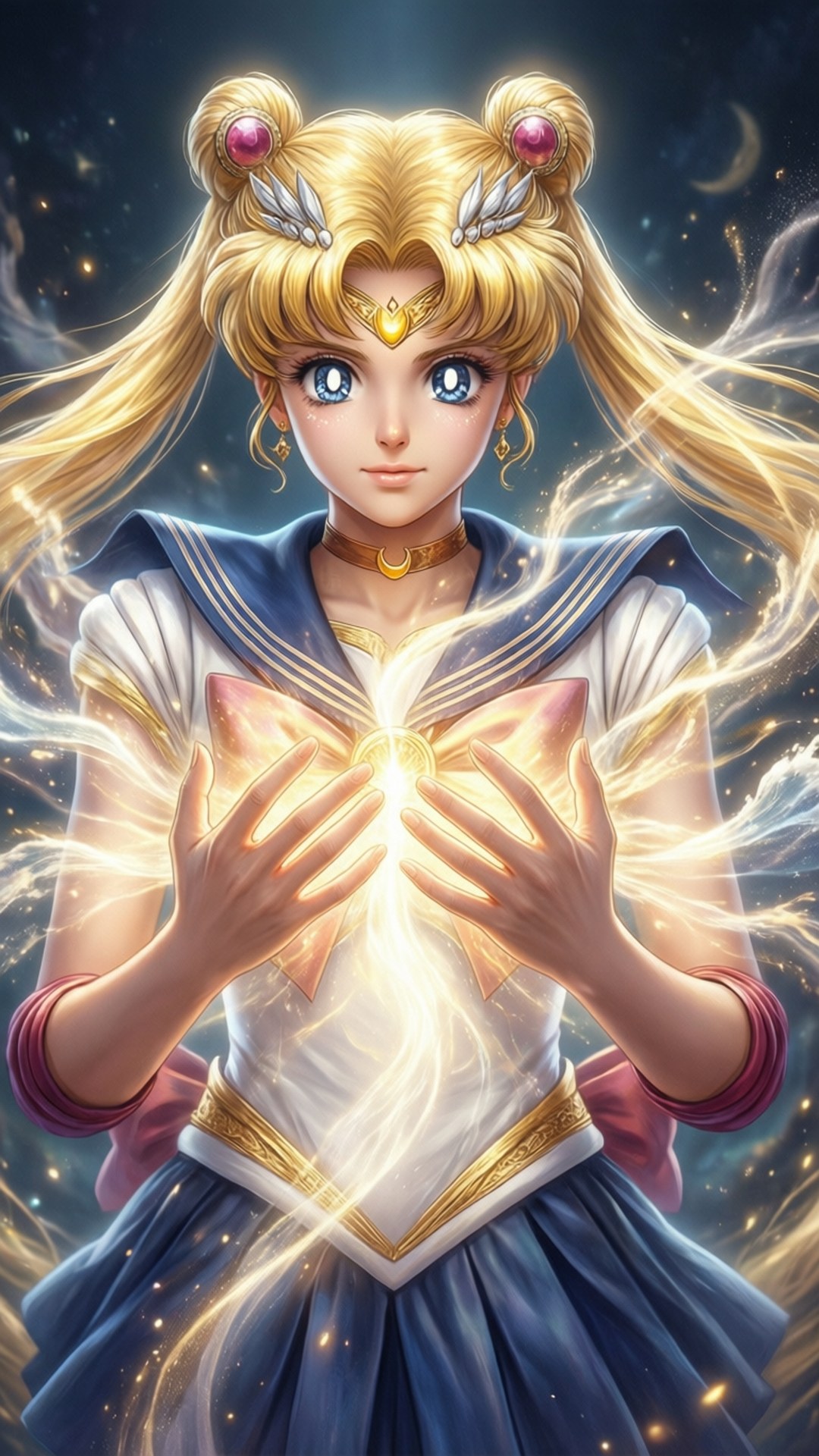 動漫女孩穿著水手服在星空下散發魔法能量