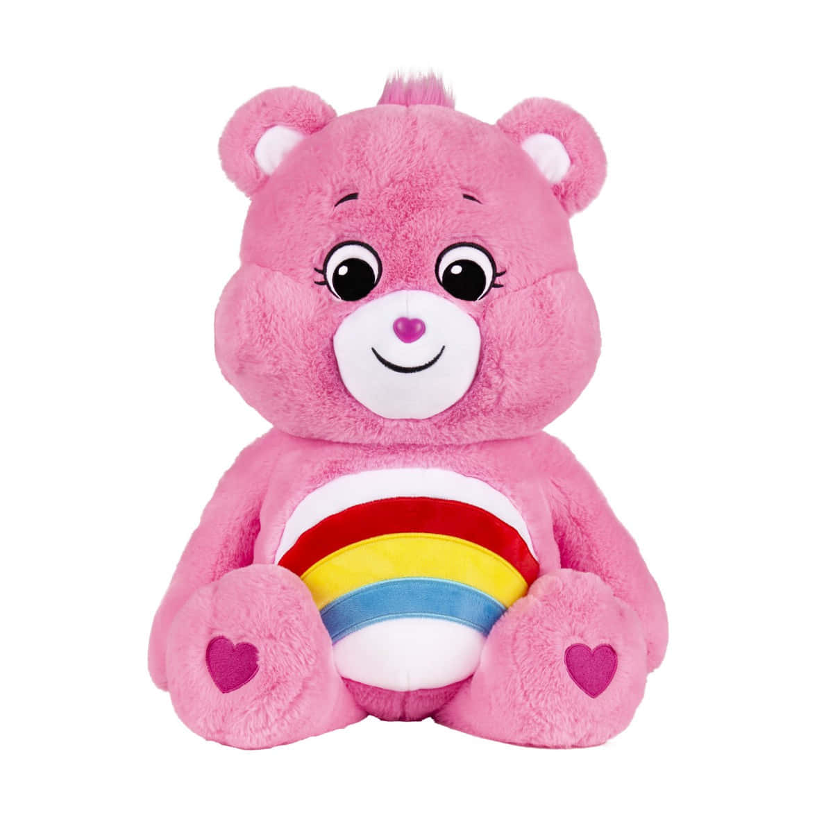 粉紅色Care Bear毛公仔，彩虹肚和心形手掌微笑