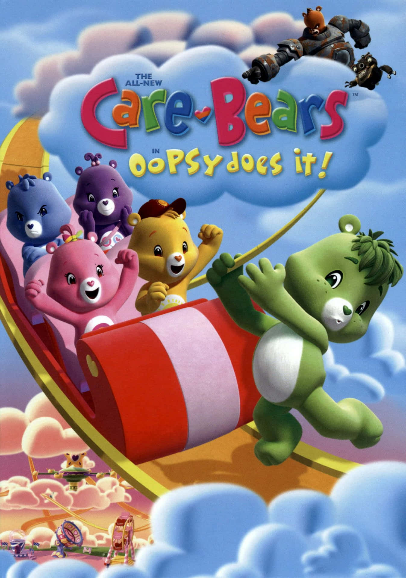 Care Bears騎著拐杖糖雪橇穿過雲朵，有一個機械人在追趕它們。