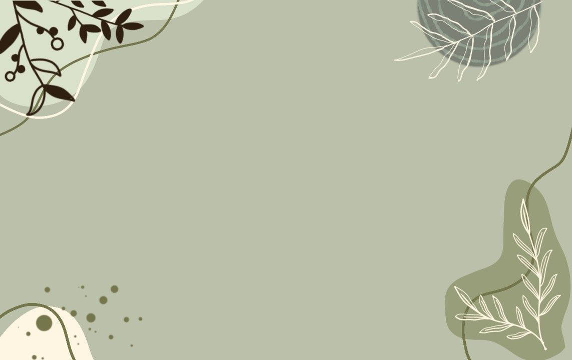 療癒風 Sage Green 桌面壁紙 壁紙 — 極簡抽象壁紙，橄欖綠背景，白色和深棕色點綴的細膩樹枝葉片。