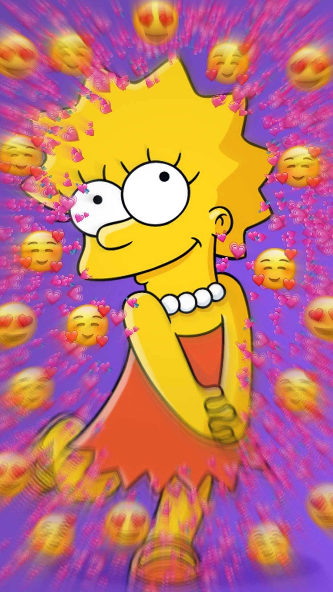 Lisa Simpson 喺紫色背景上被心心眼表情符號包圍。