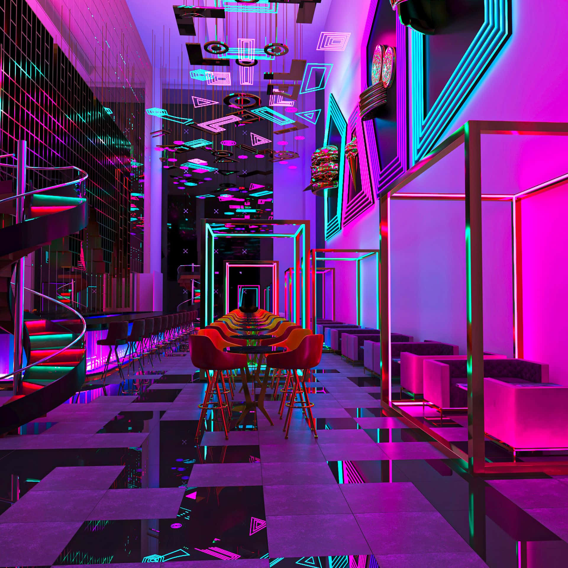 登上嘉年華 Vista 航海，留下難忘回憶 壁紙 — 一間未來風格的夜總會，霓虹粉紅與青色燈光反射在光亮的棋盤地板和幾何天花裝置上。
