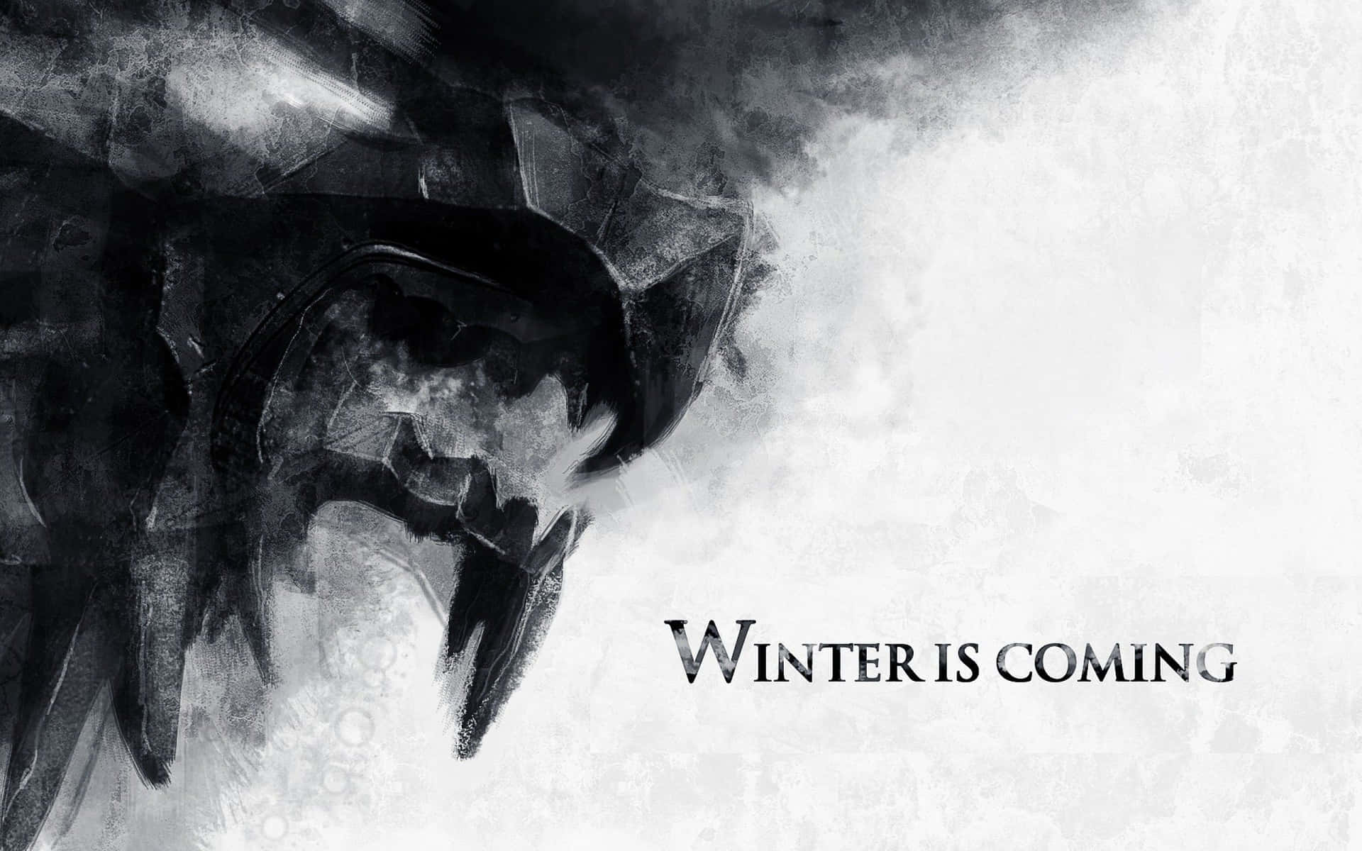 冰原狼剪影搭配 winter is coming 文字，單色風格。