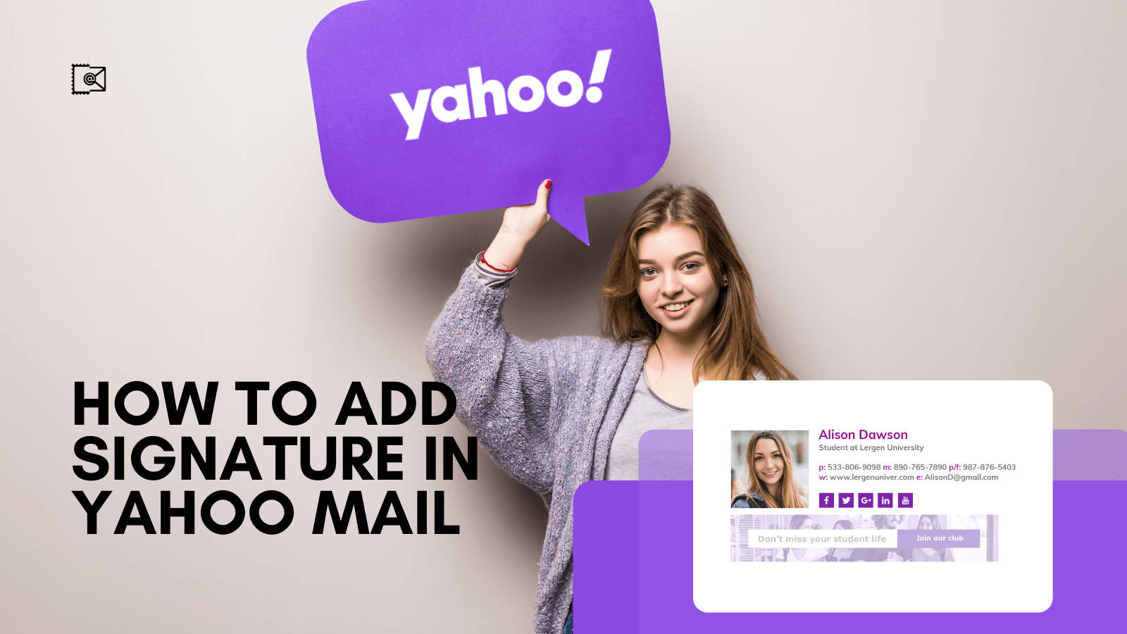 年輕女性手持Yahoo標誌及電郵簽名教學圖形