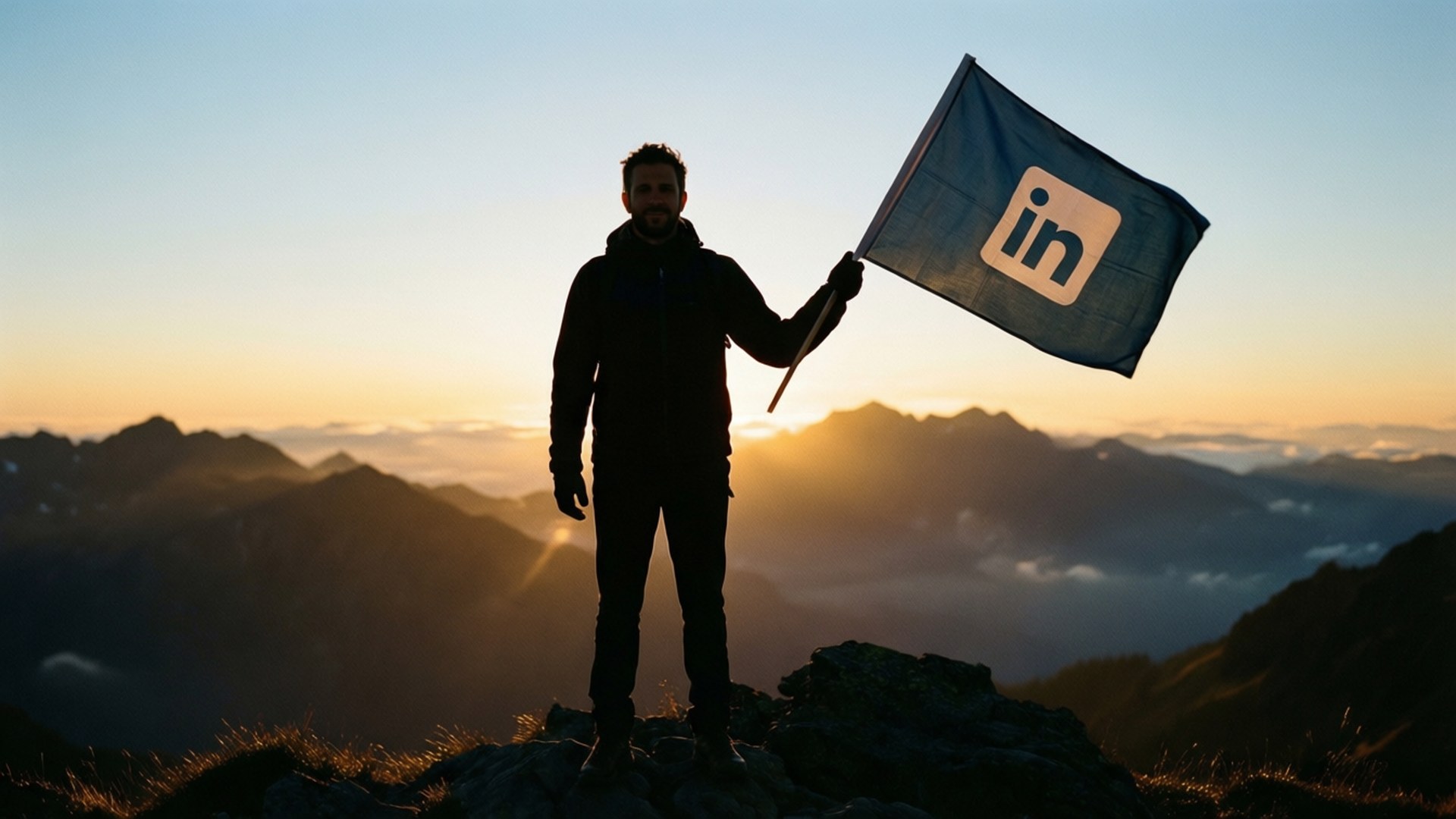 登頂成功 壁紙 — 一名男子在日出時站在山頂，手持LinkedIn旗幟，背景是發光的天空和霧氣籠罩的山谷。