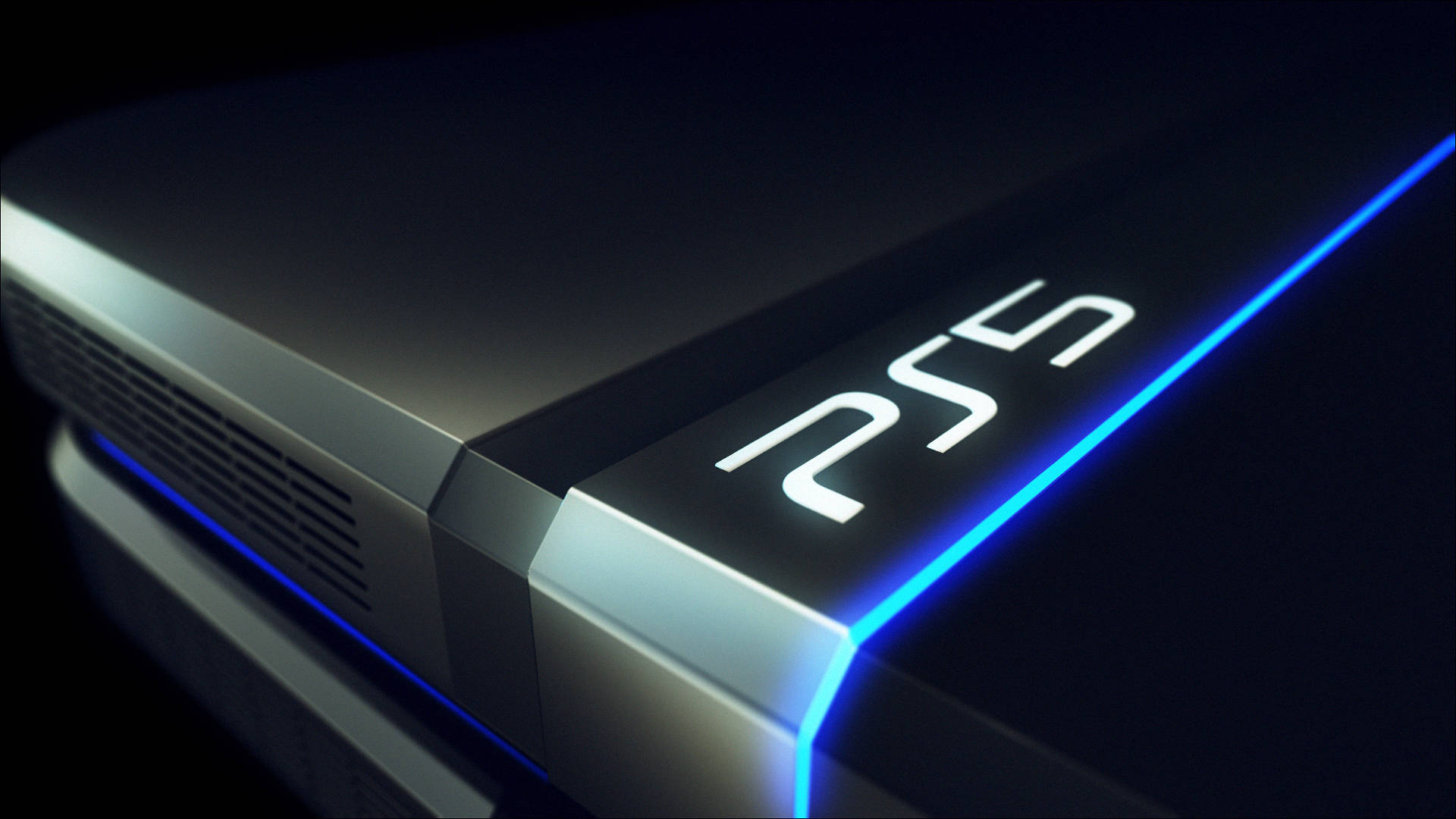 發光 PS5 主機 壁紙 — 近距離拍攝一部時尚的PlayStation 5主機，在黑暗背景下散發出鮮豔的藍色LED燈光。