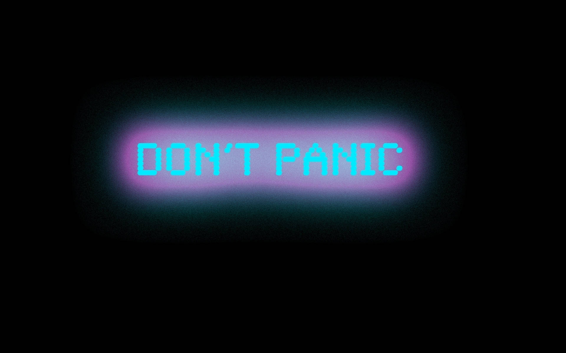 發光「別恐慌」 壁紙 — 一個發光的霓虹燈牌，以像素化文字顯示「DON'T PANIC」，背景為深色，帶有柔和漸變光暈。