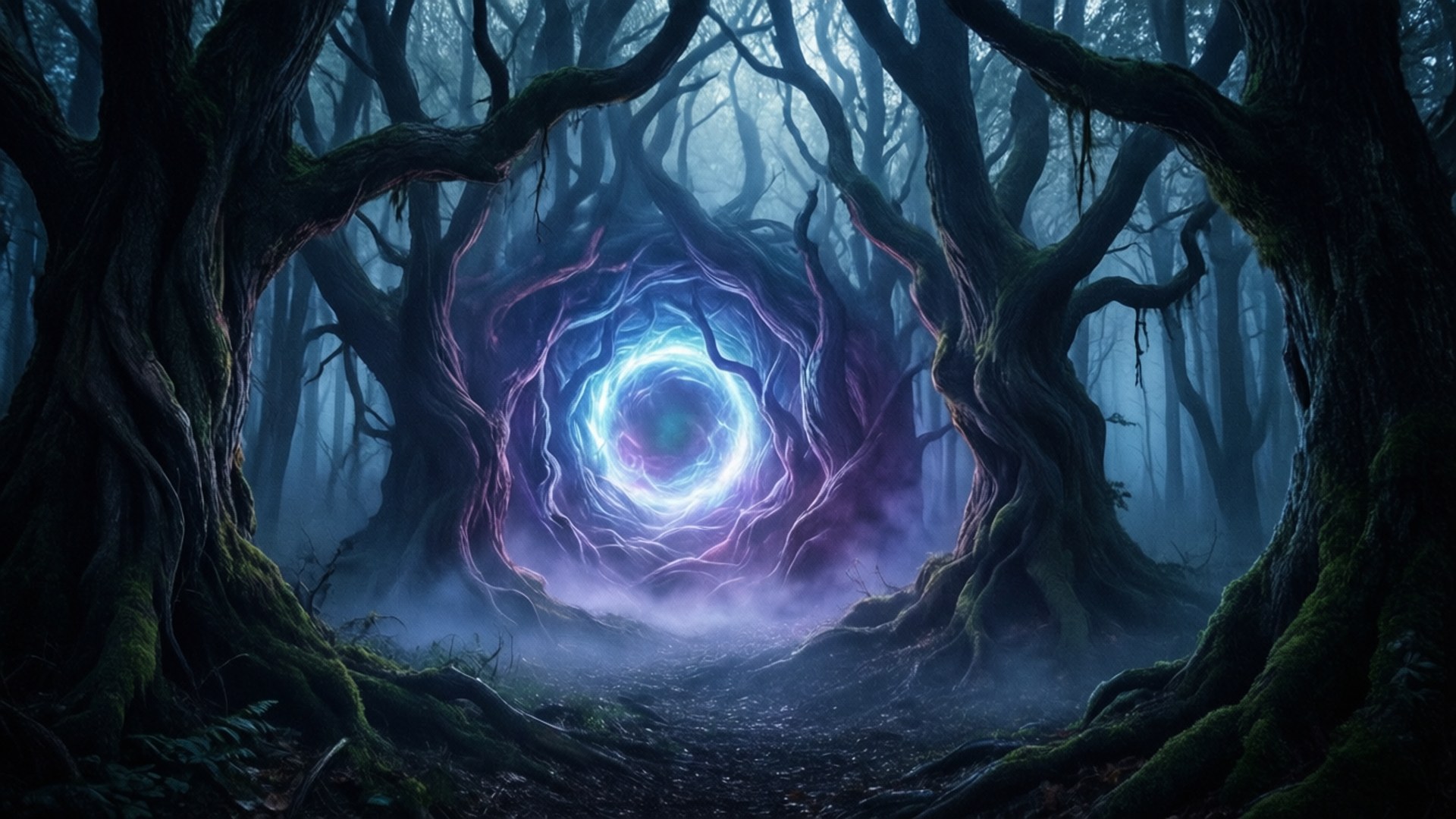 黑暗魔法森林中，扭曲樹木間的神秘發光傳送門。