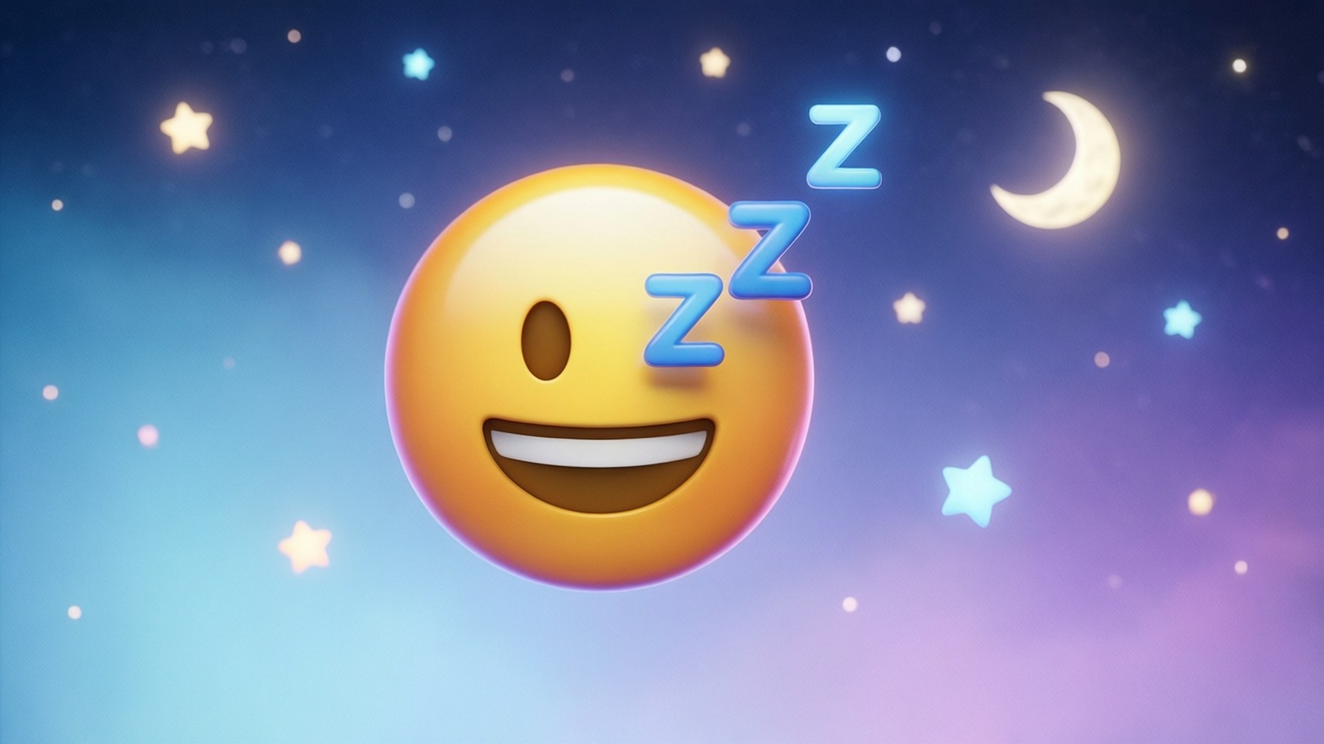 睡覺表情符號在星空的夜空漂浮，伴隨著一彎新月。