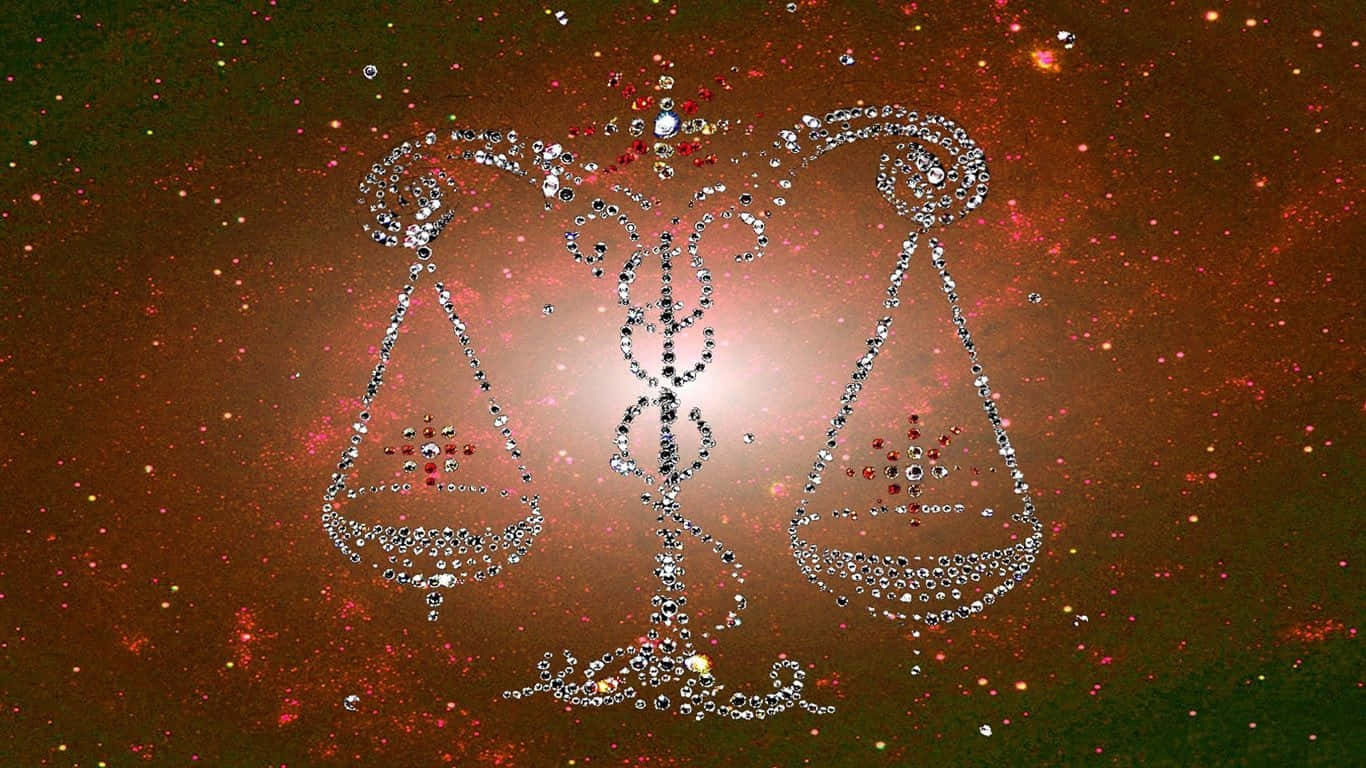 發光可愛天秤座星座天平符號 壁紙 — 一個閃閃發光、鑲滿鑽石的天秤座星座符號漂浮在充滿活力的宇宙星雲背景上。