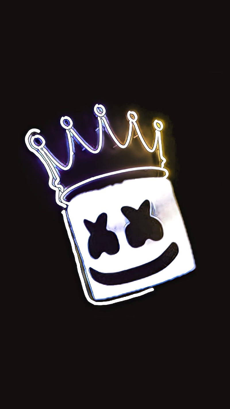 marshmello iPhone 桌布 壁紙 — 發光嘅霓虹輪廓，係Marshmello標誌性嘅頭盔，上面有皇冠，背景係黑色。