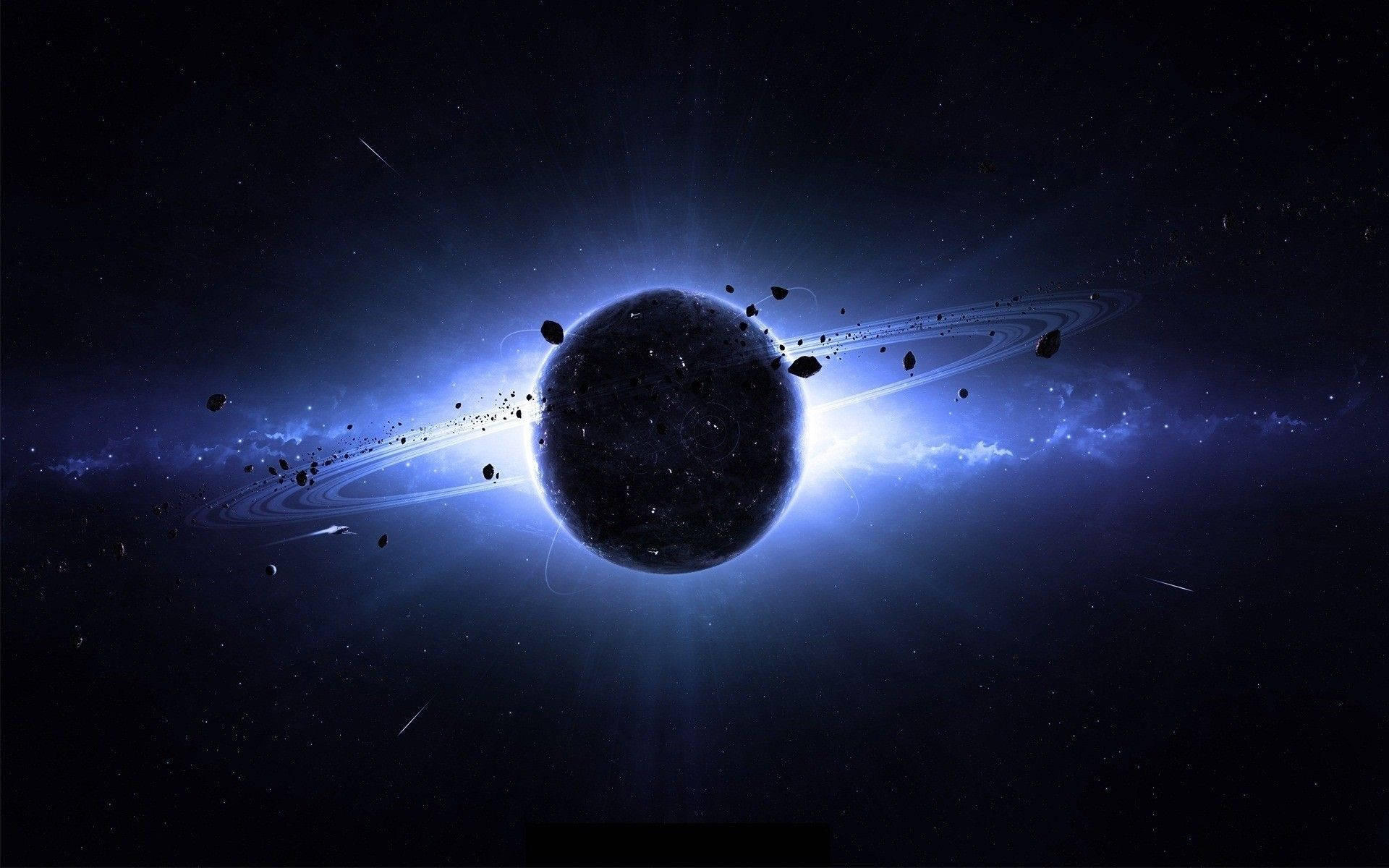一顆黑暗的行星，帶有發光的藍色環和漂浮的小行星，在深空中。