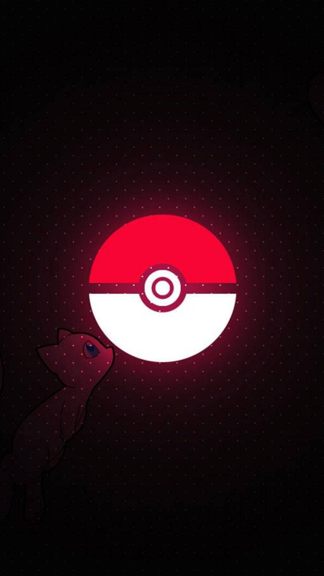 發光寶可夢球Pokemon iPhone壁紙 壁紙 — 一顆發光的紅白精靈球懸浮在黑暗的空間中，一隻小貓般的生物仰望著它。