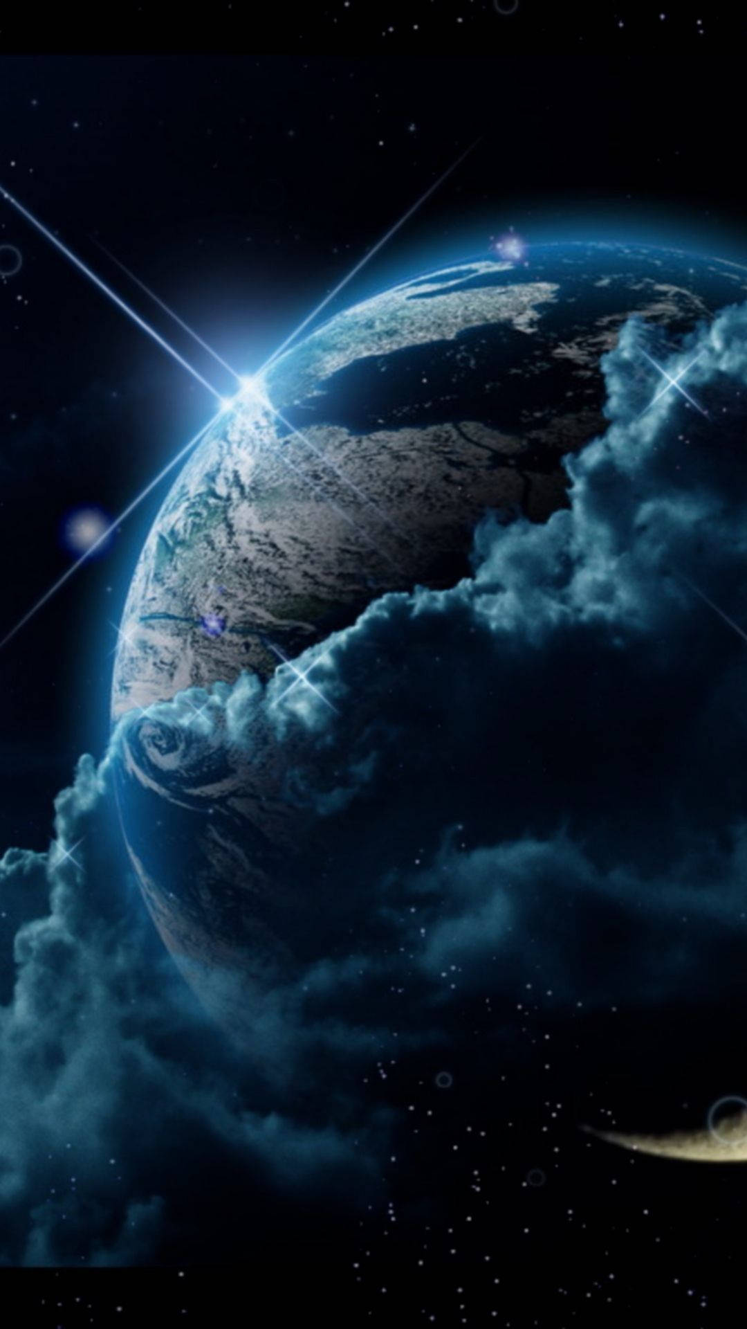 發光星星與地球 iPhone 6 壁紙 — 一顆雄偉的藍色行星，帶有旋轉的雲層和明亮的星爆，在繁星點點的宇宙背景下發光。