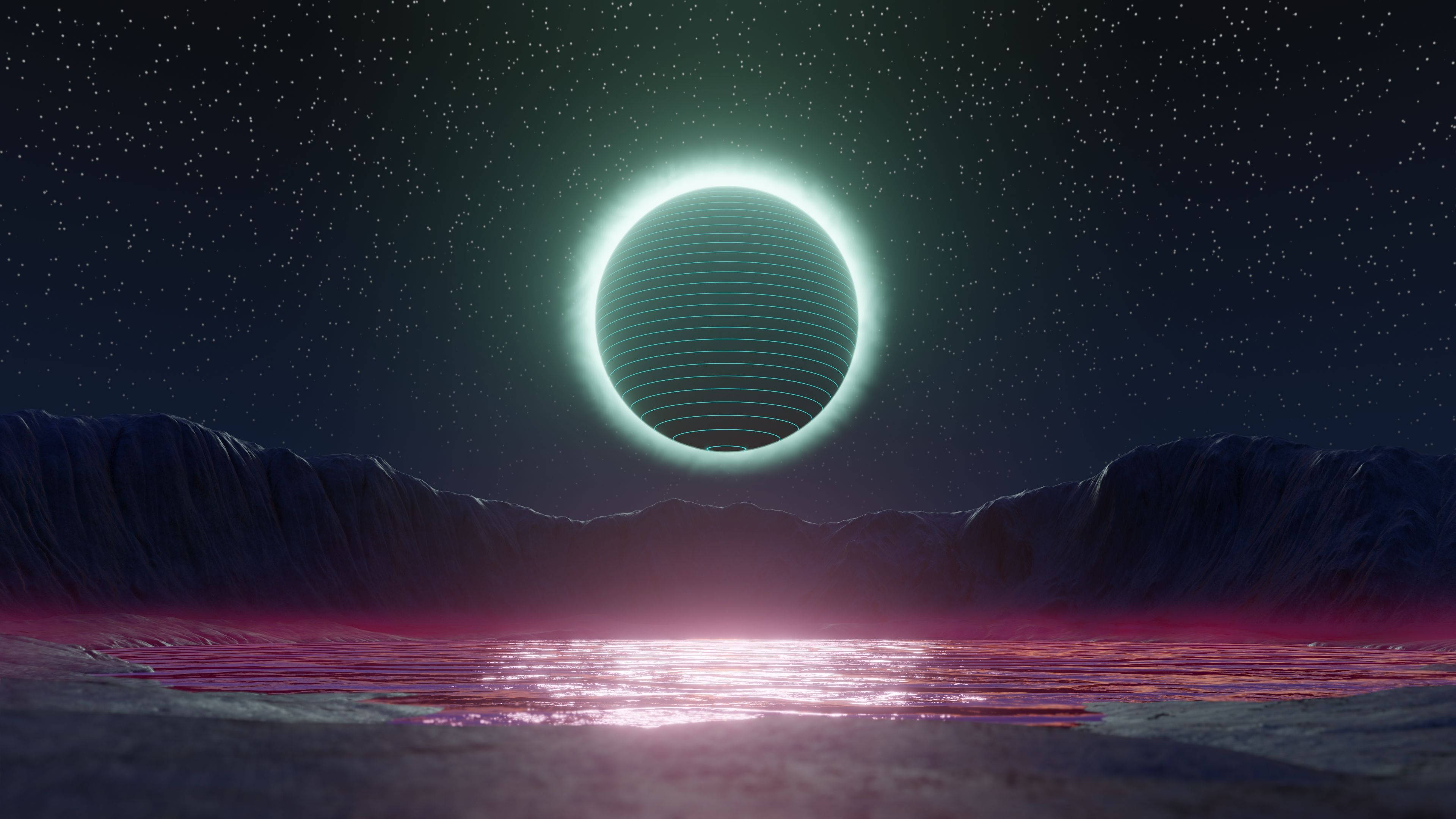 發光星球蒸汽波桌面 壁紙 — 一個發光的霓虹星球懸掛在反射粉紅色水面上，由黑暗山脈框住，在繁星點點的夜空下。