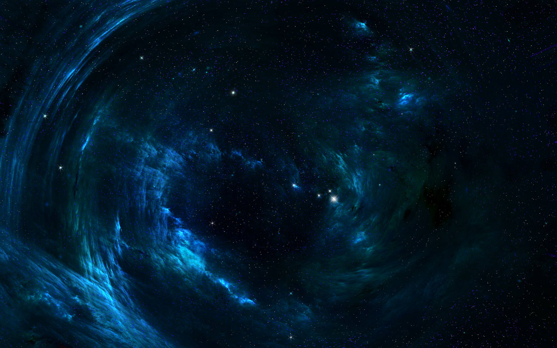 深空中帶有發光星星的鮮豔藍色星雲。