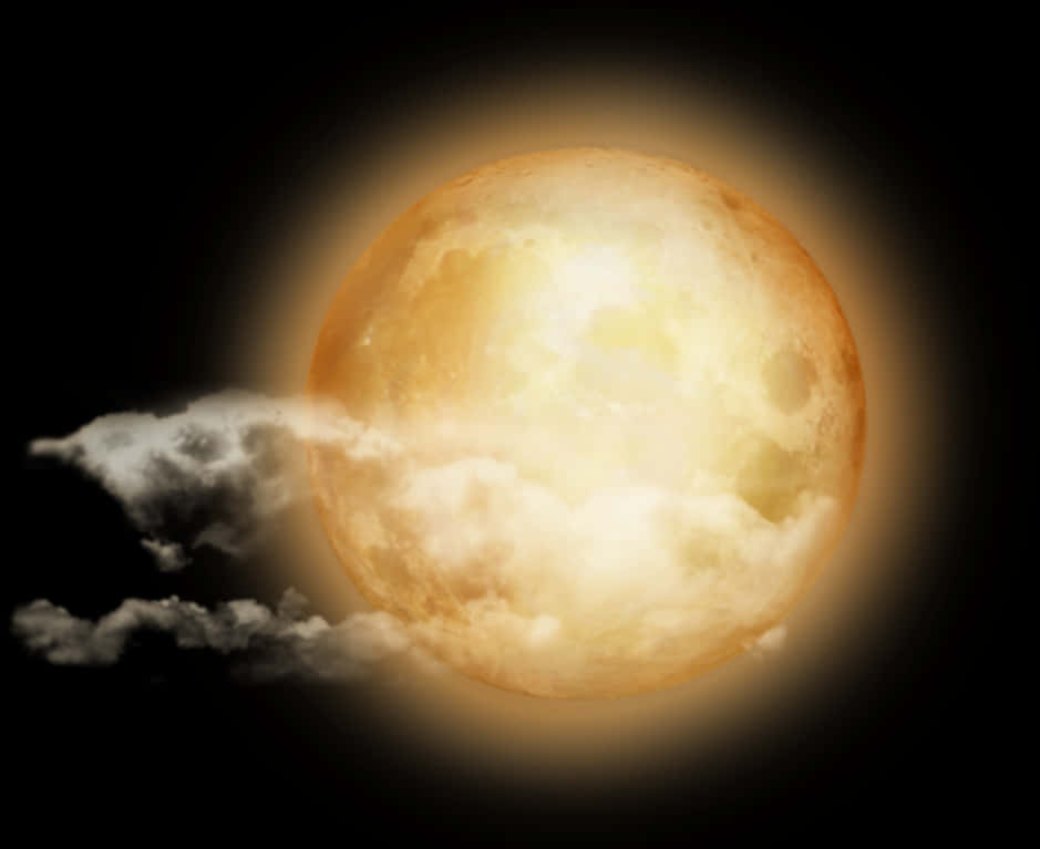 發光月與雲朵 壁紙 — 一輪明亮的金色月亮穿過縷縷薄雲，在深邃的黑色天空中閃耀。
