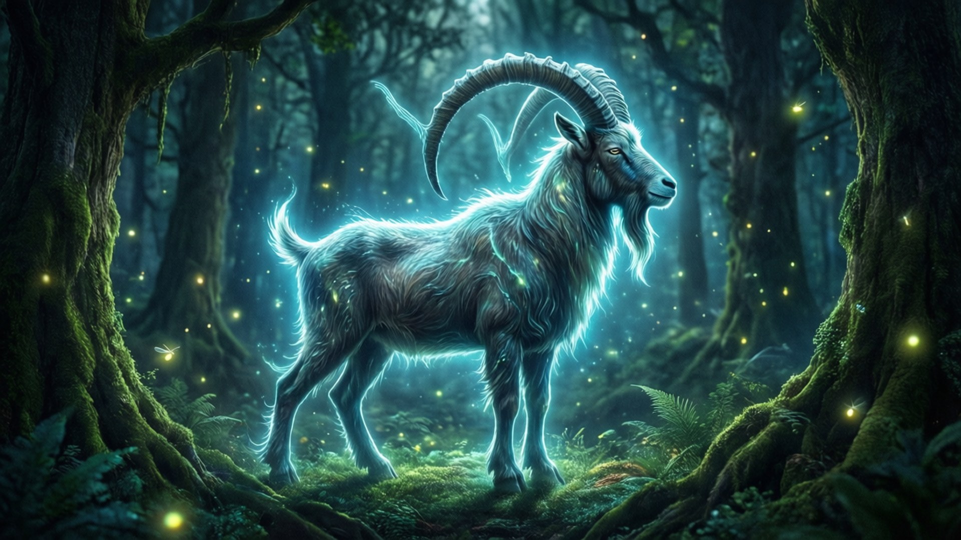 發光森林精靈 壁紙 — 一隻發光的神秘山羊，長著彎曲的角，站在黑暗的魔法森林中，被漂浮的螢火蟲照亮。