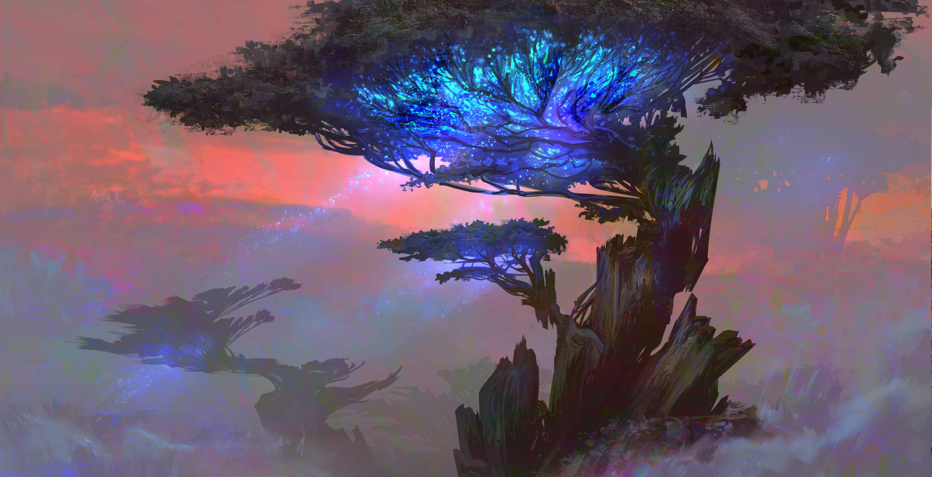 在神秘暮色天空中，帶有橙色和紫色雲彩的發光藍色樹木。