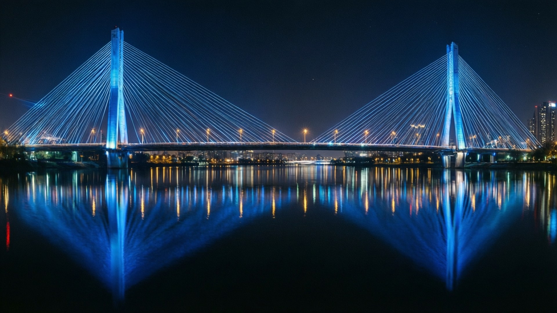 發光橋樑夜景 壁紙 — 一個令人驚嘆的夜景，現代斜拉橋閃爍著藍色燈光，在黑暗天空下的平靜水面上完美倒映。