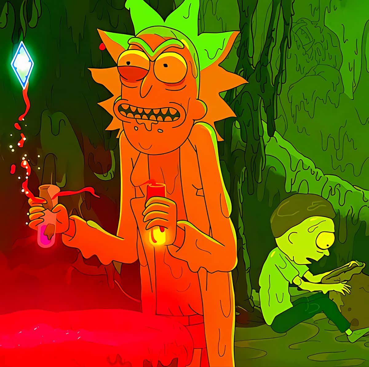The Council Of Ricks 桌布 壁紙 — 發光橙色形態的瑞克·桑切斯在滴水的綠色洞穴中拿著藥水和魔杖，莫蒂緊張地看著。