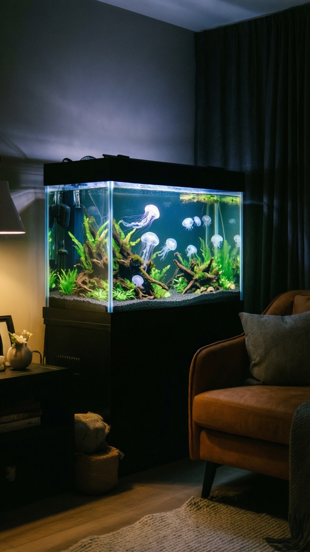 發光水母家居魚缸 壁紙 — 一個發光的水母水族箱照亮了一個舒適、光線昏暗的客廳，裡面有棕色扶手椅和深色窗簾。