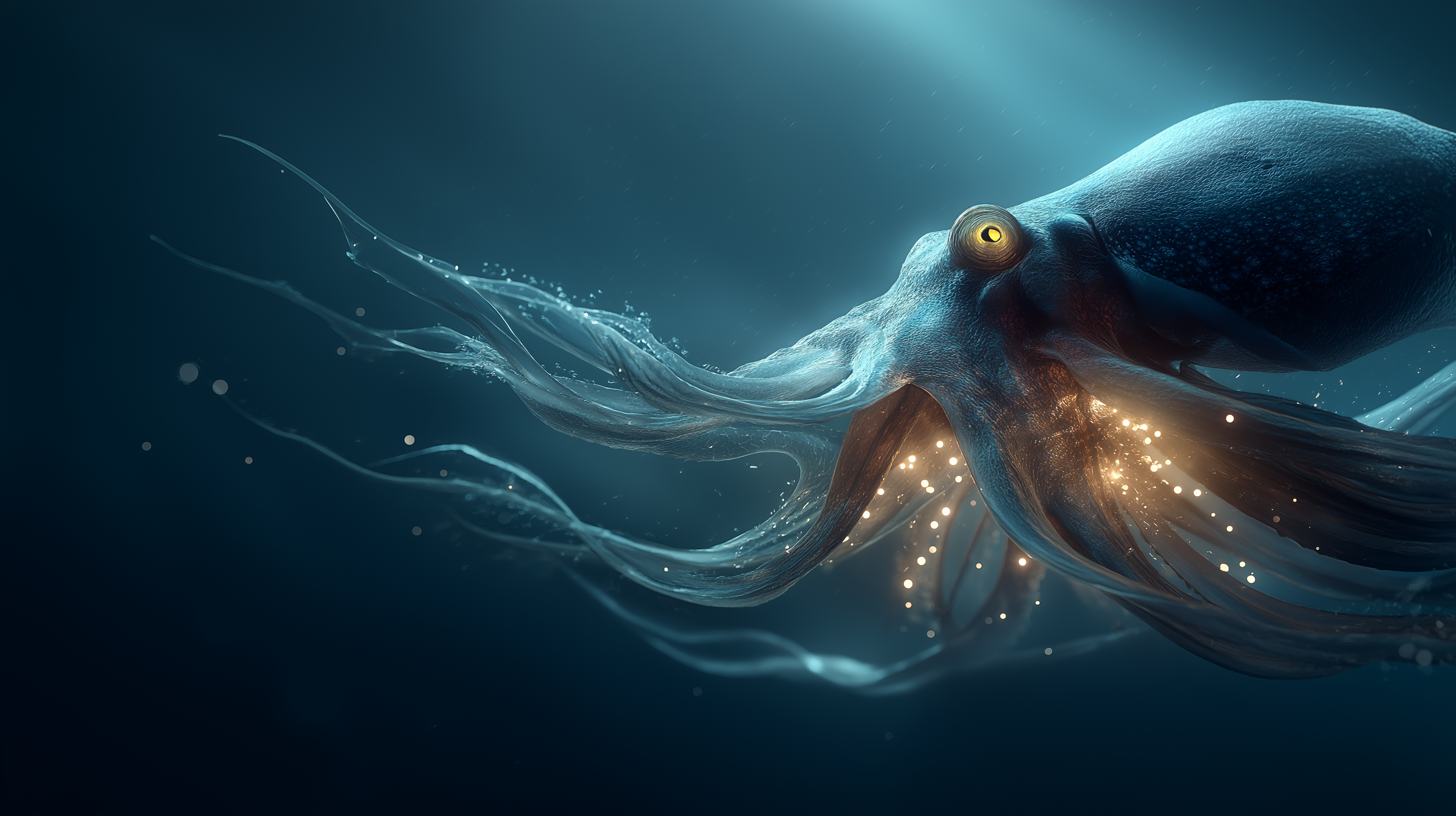 發光深海烏賊 壁紙 — 一隻威嚴的深海章魚在深藍色海水中滑行，發光的金色粒子在其觸手周圍旋轉。