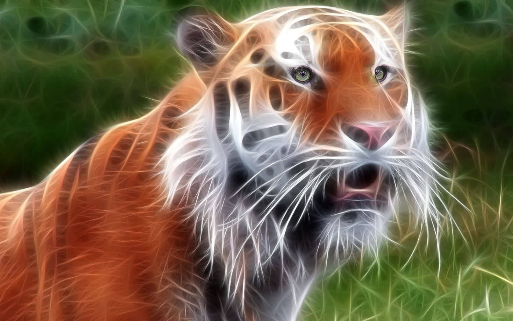 發光猛虎照片 壁紙 — 一隻雄偉的老虎，擁有發光的眼睛和電光般的白色毛髮條紋，在模糊的綠色叢林背景下強烈凝視。