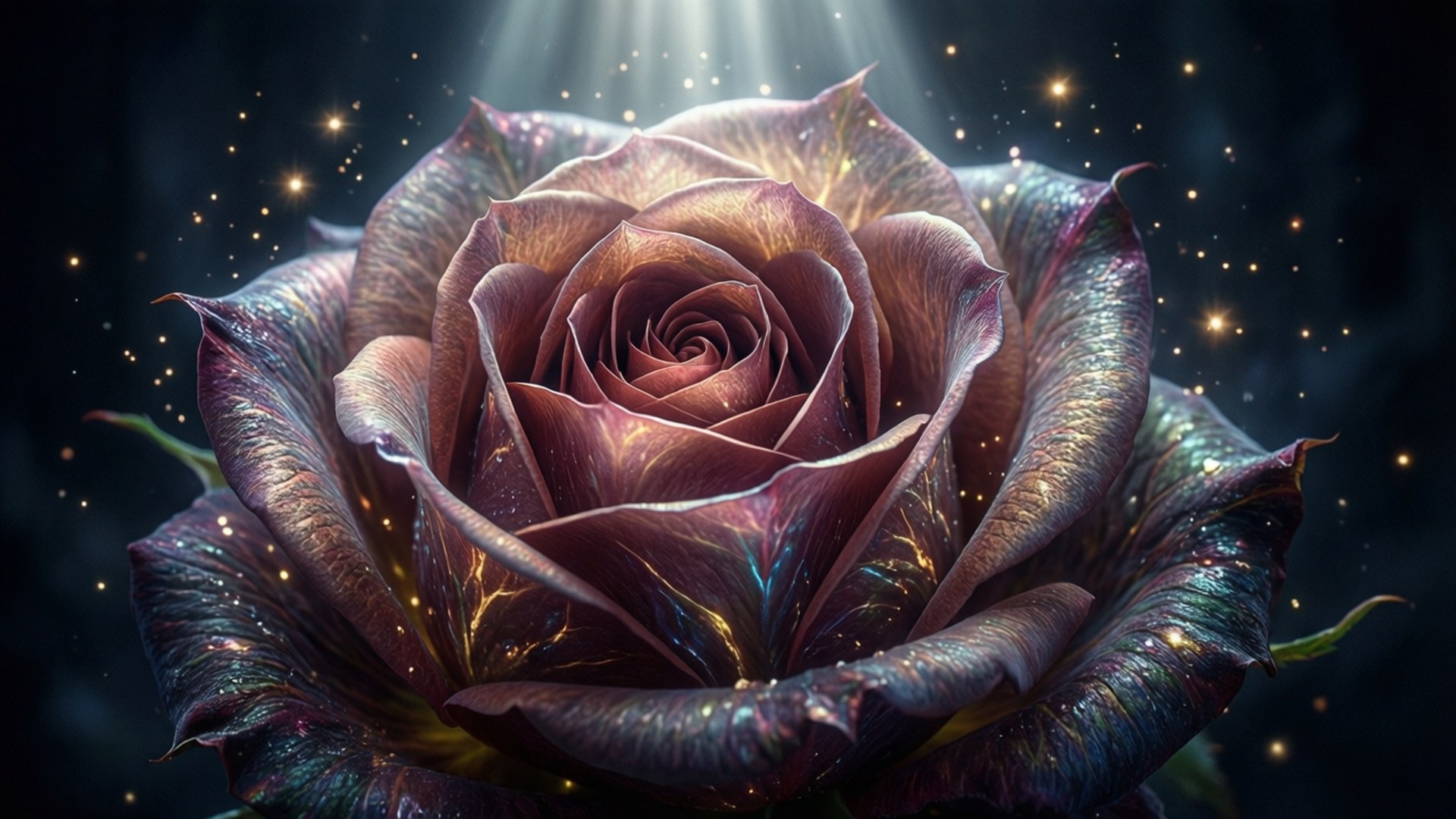 在黑暗太空中，一朵發光的宇宙玫瑰，帶有彩虹色花瓣和漂浮的星星