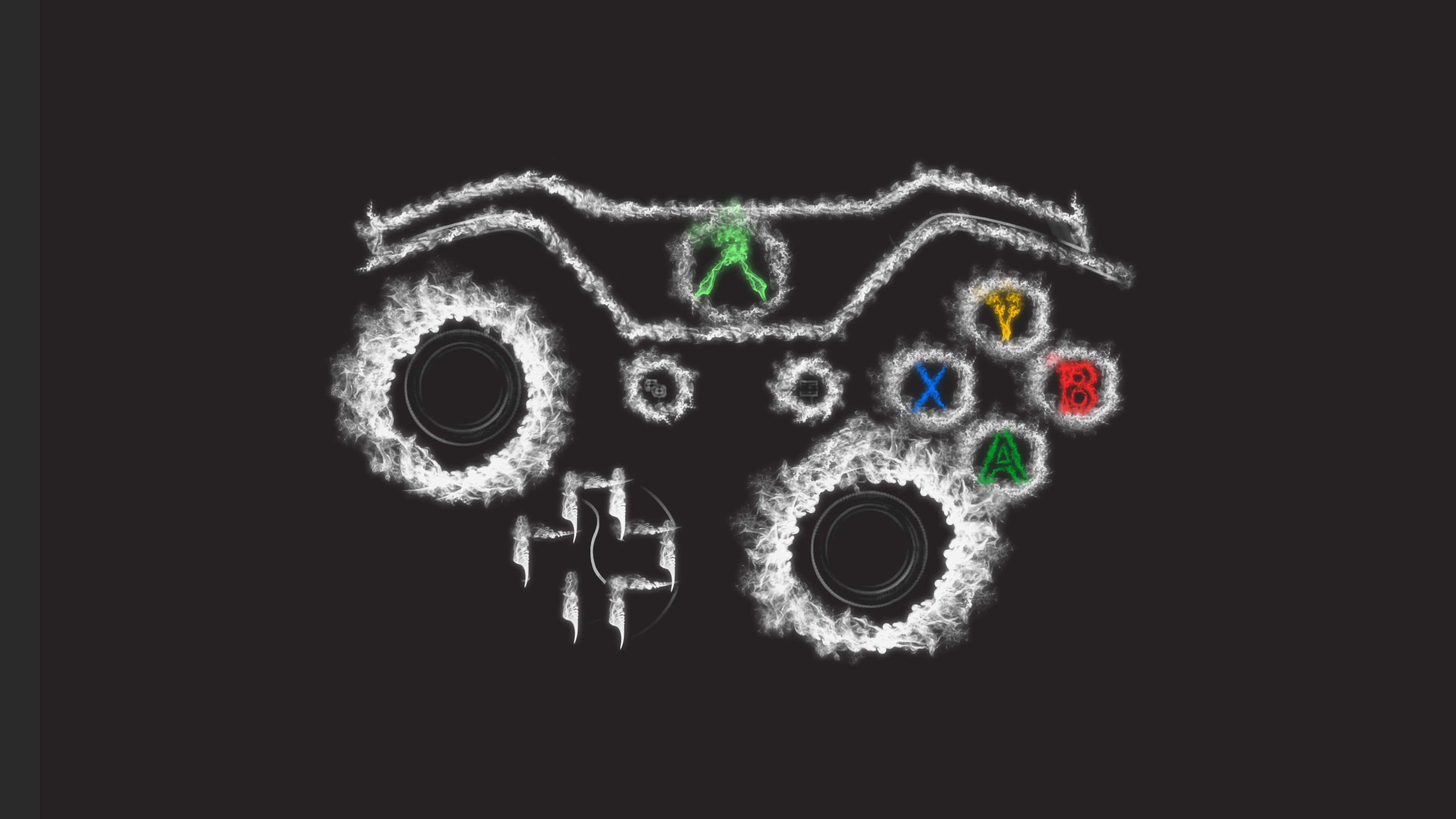 4K Gaming Consoles 桌布 壁紙 — 發光白色煙霧輪廓的Xbox手掣，帶有彩色按鈕，黑色背景。