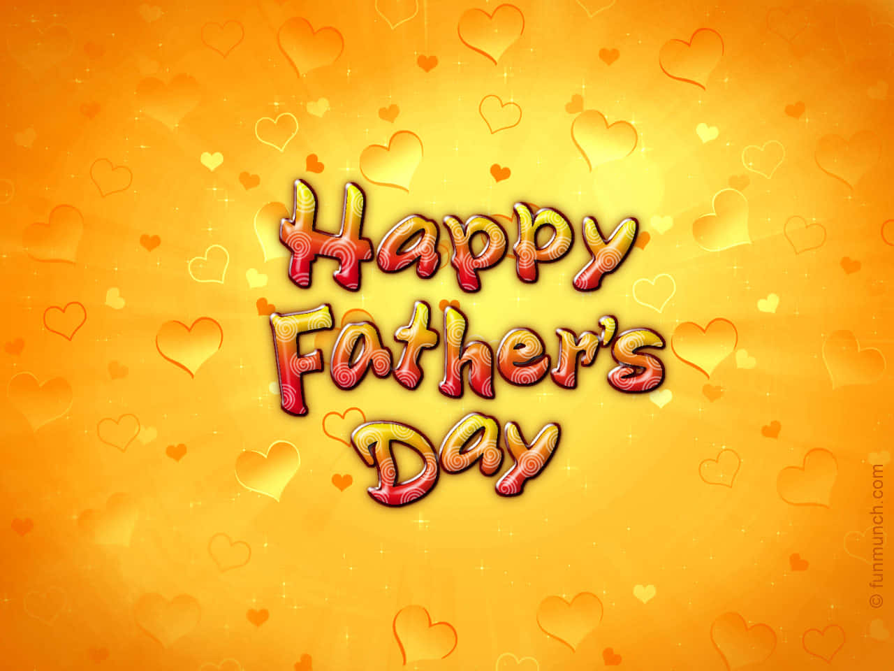 Dad 桌布 壁紙 — 發光的「Happy Father's Day」文字，紅金色漩渦圖案，襯以充滿漂浮心形的燦爛黃色背景。