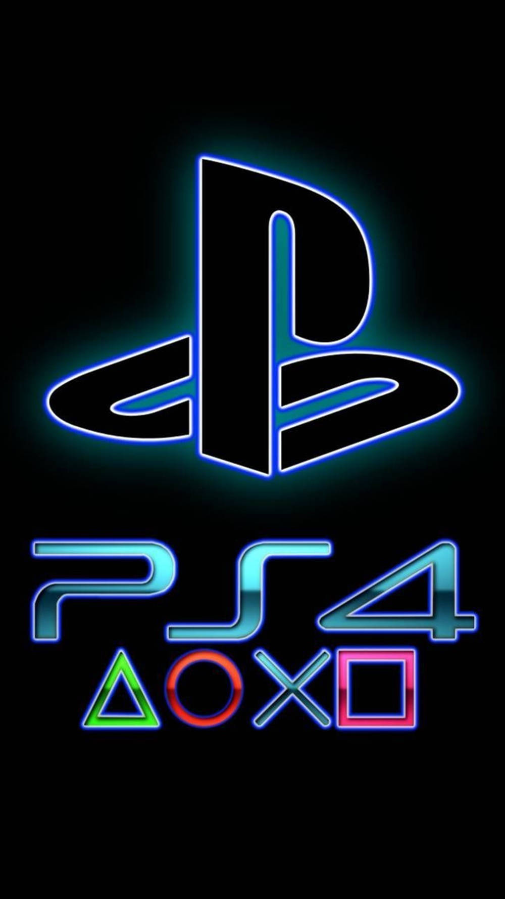肖像 桌布 壁紙 — 發光的 PlayStation 4 標誌，帶有霓虹藍青色和多色控制器按鈕，背景為黑色。